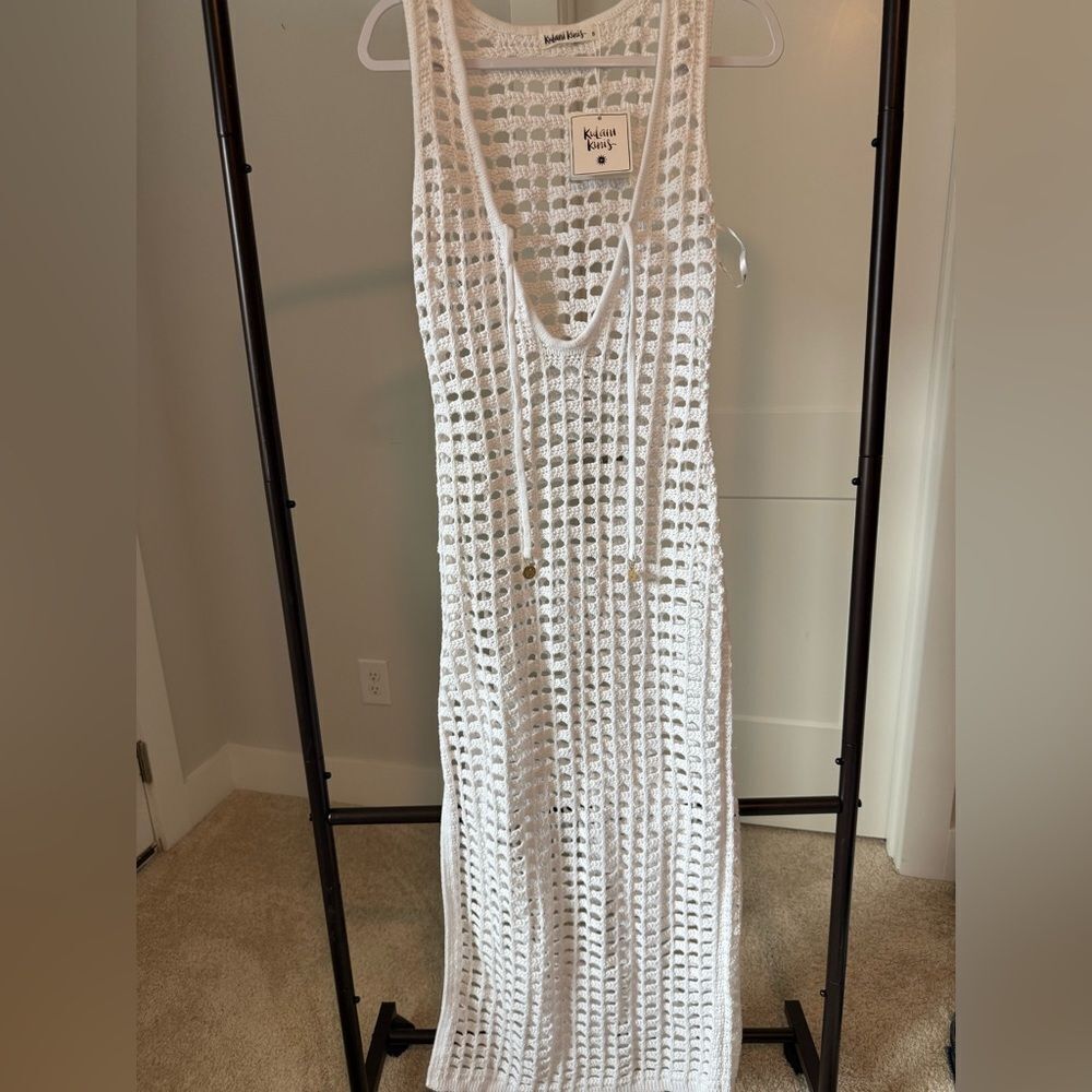 Kulani Kinis White Crochet Maxi Swim Coverup with Pink Bikini Accent - Picture 4 of 5